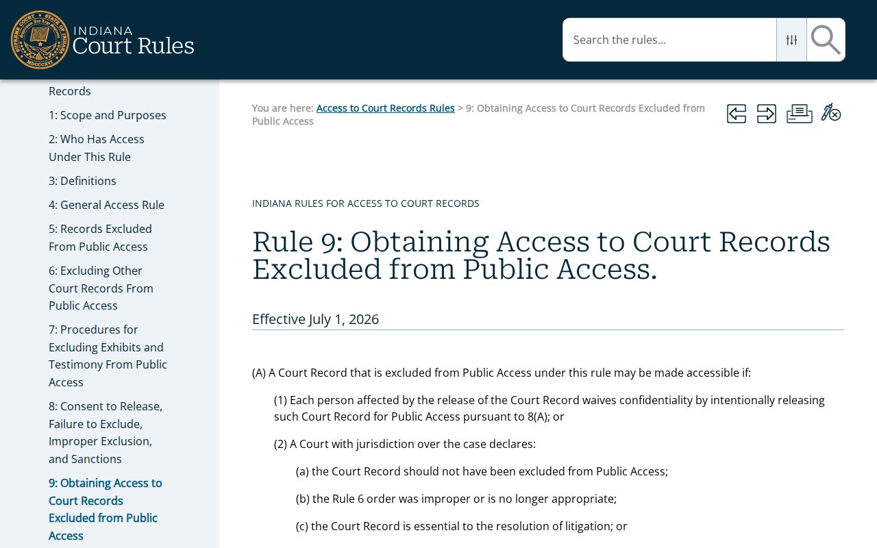 Indiana Access to Court Records Rule 9 opening procedure