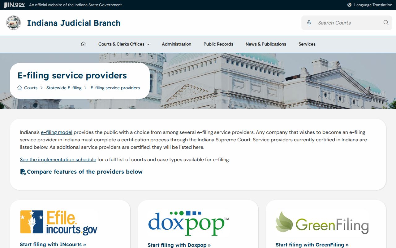 Indiana electronic filing provider information for court filings