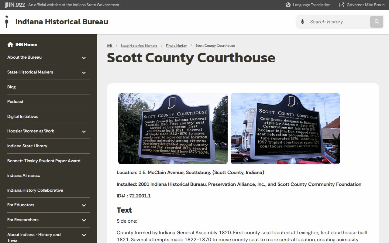 Indiana historical marker information for the Scott County Courthouse